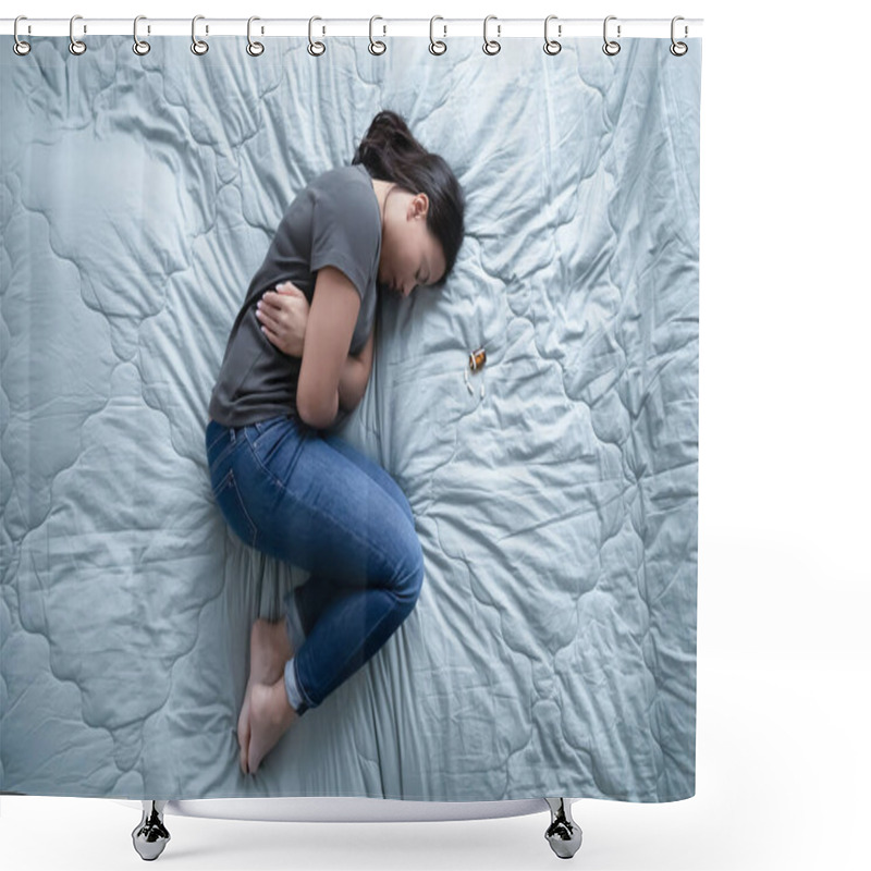 Personality  Woman Lying On Bed Near Heap Of Pills Above View Shower Curtains