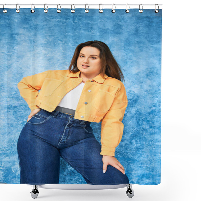 Personality  Woman With Plus Size Body And Long Hair, Wearing Crop Top, Orange Jacket And Denim Jeans While Posing With Hand On Hip And Looking At Camera On Mottled Blue Background, Body Positive  Shower Curtains