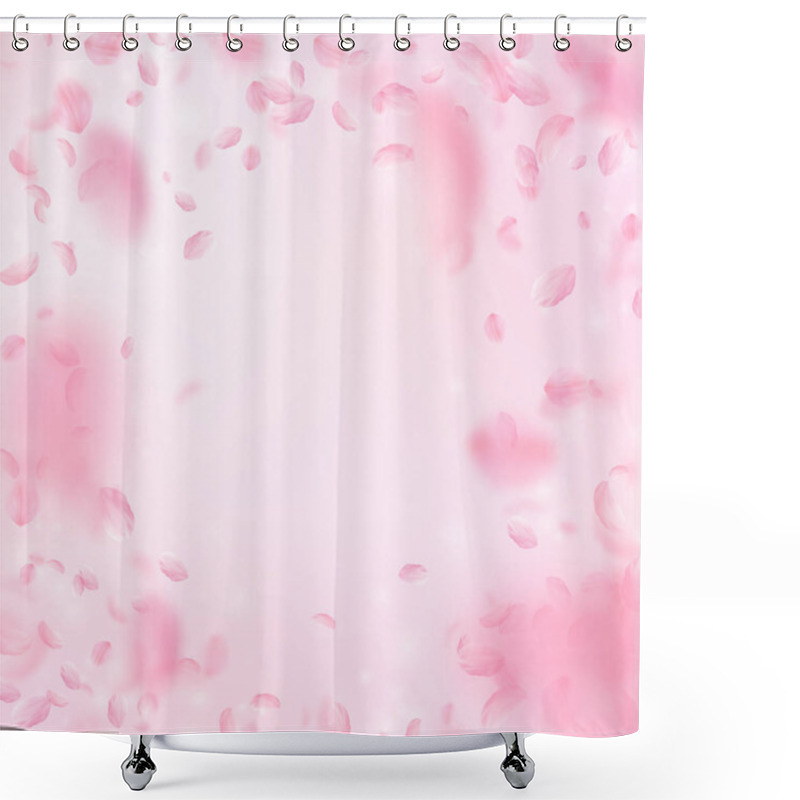 Personality  Sakura Petals Falling Down. Romantic Pink Flowers Vignette. Flying Petals On Pink Square Background. Shower Curtains