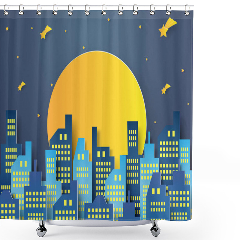 Personality  Night Cityscape With Full Moon , Paper Art Style Shower Curtains