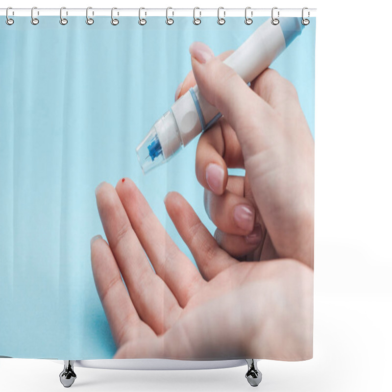 Personality  Cropped View Of Female Hands Making Glucose Level Test With Needle On Blue Background Shower Curtains