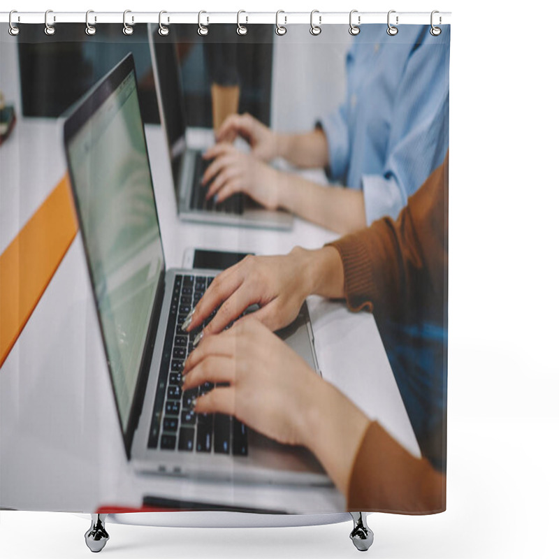 Personality  Cropped Image Of Woman's Hands Typing On Laptop Computer During Online Working Process, Female Keyboarding Text Using Netbook For Studying And Searching Information In Networks Via High Speed Wif Shower Curtains