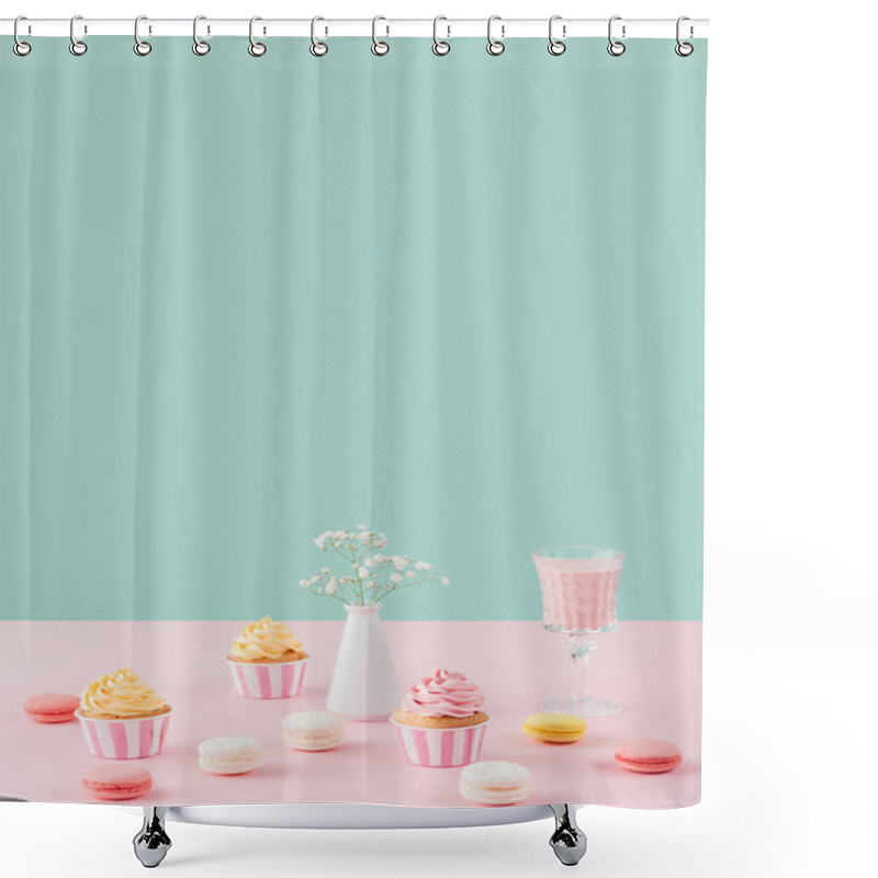 Personality  Cupcakes, Macarons, Milkshake And Flowers In Vase On Pastel Background With Copy Space Shower Curtains