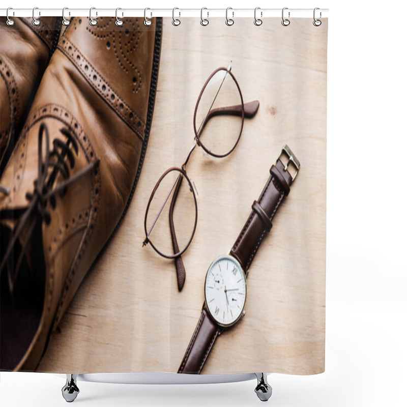 Personality  Top View Brown Shoes, Glasses And Watch On Wooden Surface Shower Curtains