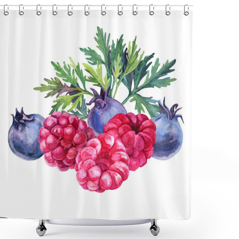 Personality  Watercolor Composition Berries Raspberry, Blueberry, Green Leaf Isolated On White Background. Summer Food. Hand-drawn Object For Menu, Card, Textile, Sticker, Wallpaper, Wrapping, Postcard Shower Curtains