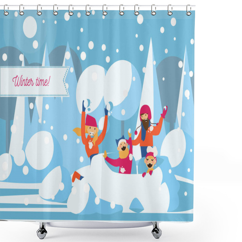 Personality  Happy Family Playing With Snow Fort. Vector Horizontal Illustration Shower Curtains