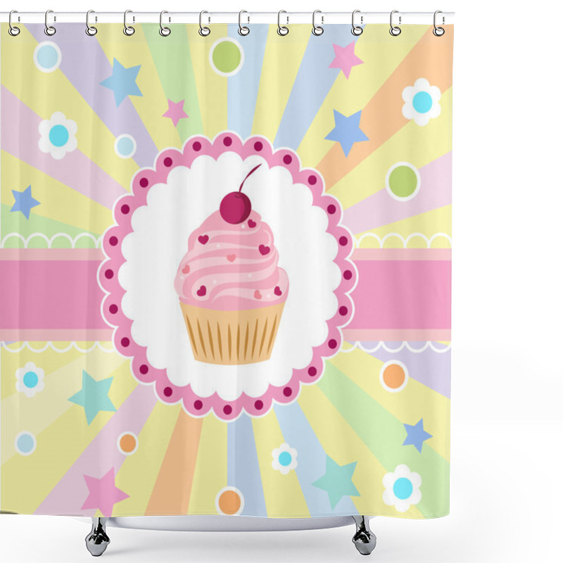 Personality  Cute Happy Birthday Card With Cupcake. Vector Illustration Shower Curtains