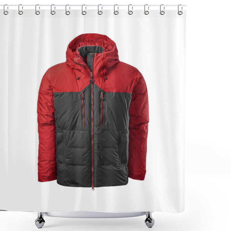 Personality  Men's Black With Red Hooded Warm Sport Puffer Jacket Isolated Over White Background. Ghost Mannequin Photography Shower Curtains