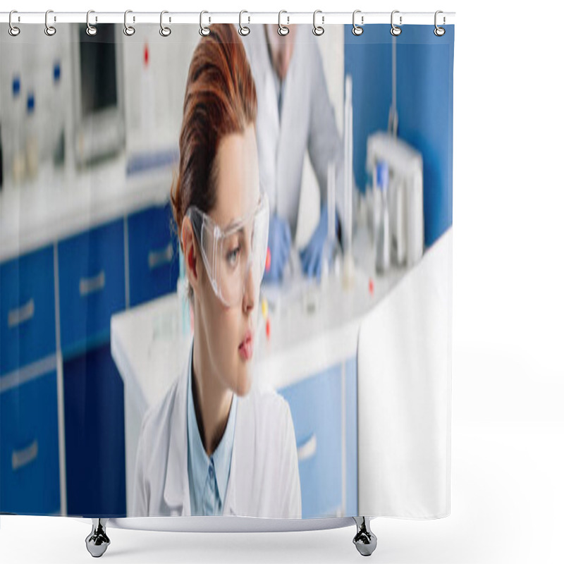 Personality  Panoramic Shot Of Genetic Consultant Using Computer In Lab  Shower Curtains