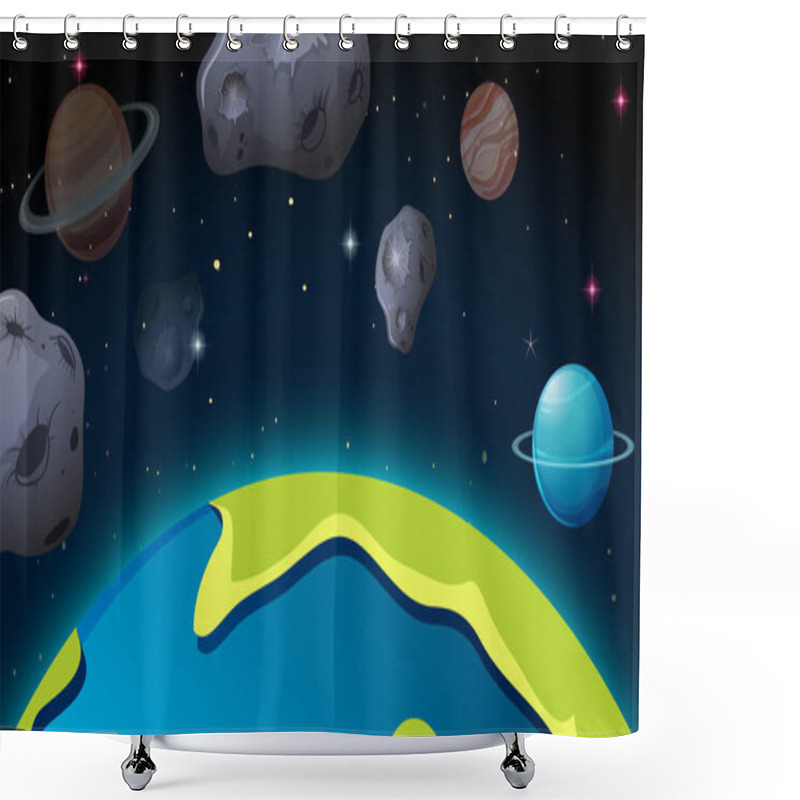 Personality  Outer Space Scene With Planets And Asteroids Illustration Shower Curtains