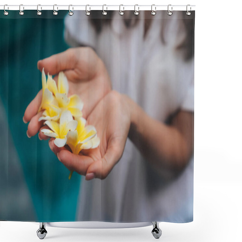 Personality  Close Up Of Female Hands With White And Yellow Plumeria, Frangipani Flower In Palms Shower Curtains