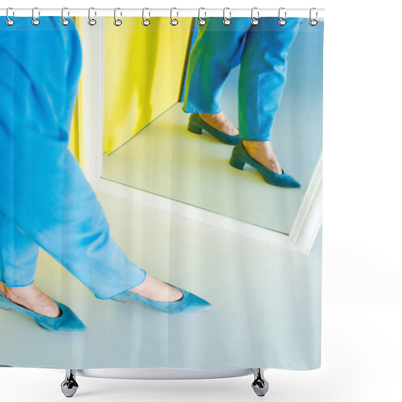 Personality  Cropped Mirror View Of Woman In Blue Clothes And Shoes On Blue And Yellow Background Shower Curtains