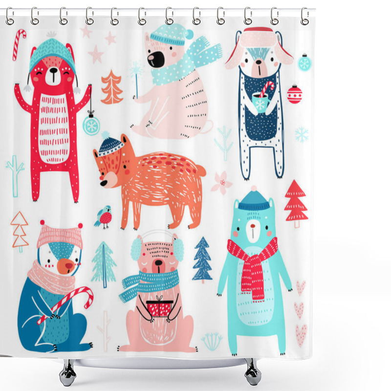 Personality  Cute Bears In Winter Clothes. Childish Characters - Christmas Theme. Vector Illustration. Shower Curtains