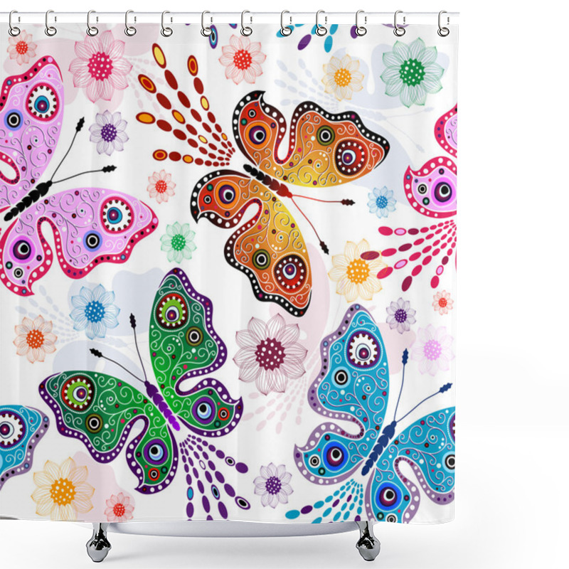 Personality  Effortless Floral Pattern With Bright Butterflies And Flowers (vector) Shower Curtains