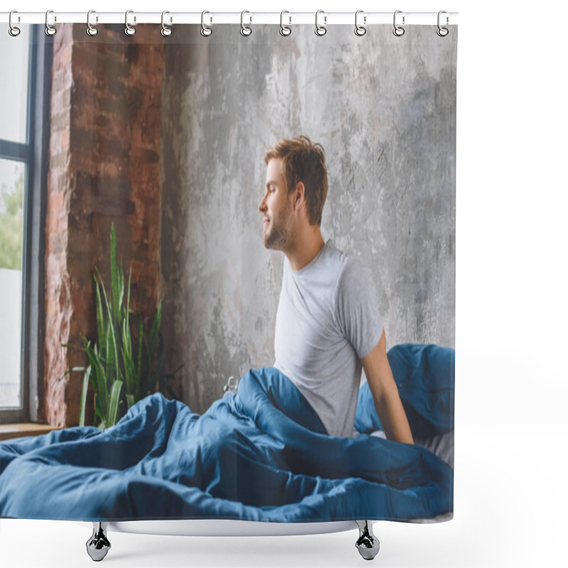 Personality  Handsome Young Man Waking Up In His Bed During Morning Time At Home Shower Curtains