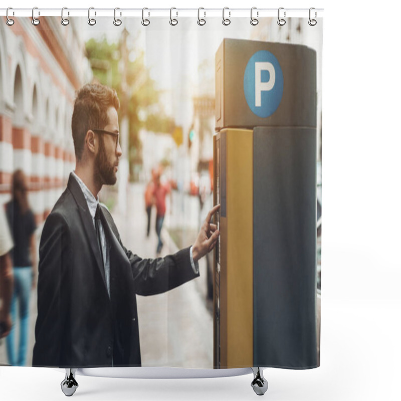 Personality  Businessman Using Parking Meter Outdoors Shower Curtains