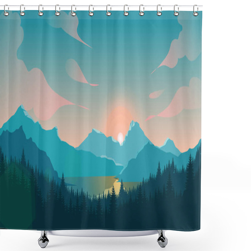 Personality  Blue Mountain Landscape Background, Morning View Mountains, Flat Mountains Background Shower Curtains