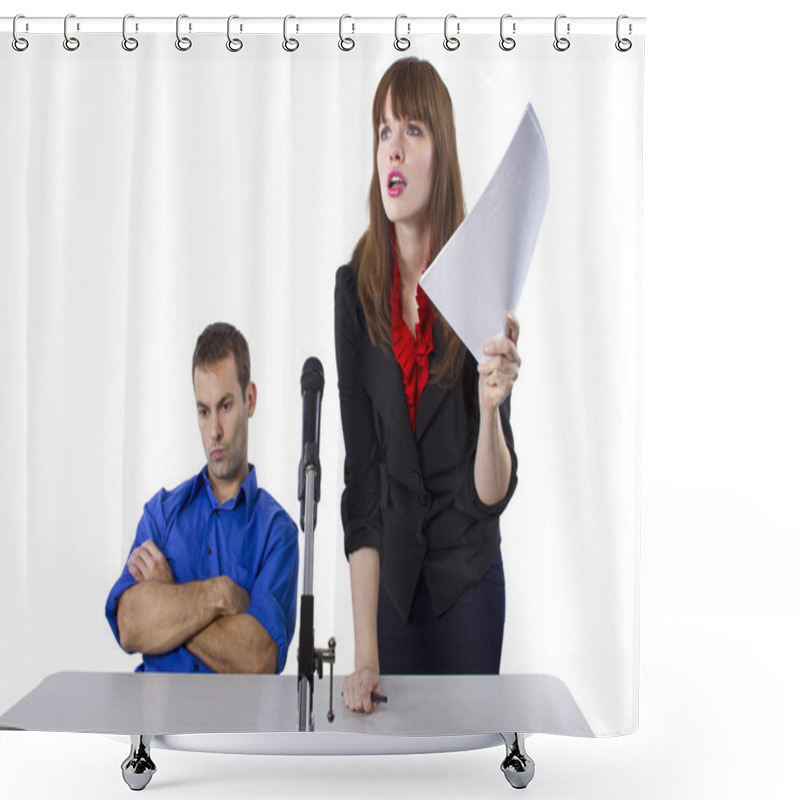 Personality  Female Lawyer Representing Male Client In A Court Hearing Shower Curtains