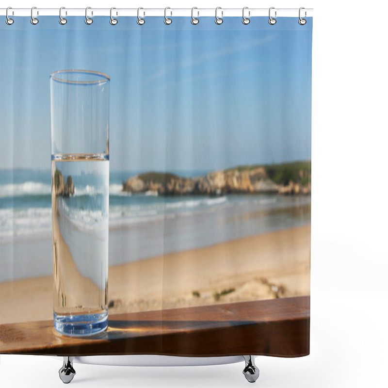 Personality  Glass Of Water With View On Beach Shower Curtains