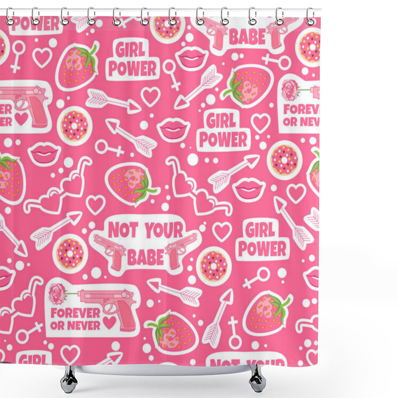 Personality  Pink Background With Fashion Elements. Seamless Pattern With Strawberry, Kiss, Lips, Donuts, Arrow, Hearts, Gun, Food, Sunglasses. Girl Power. Not Your Babe. Forever Or Never.  Shower Curtains