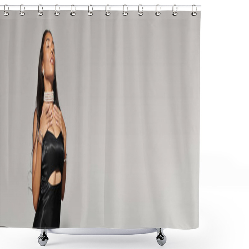 Personality  A Young Woman In A Sleek Outfit Strikes A Striking Pose, Exuding Charm And Fashionable Flair. Shower Curtains