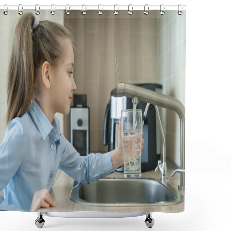 Personality  Little Girl Open A Water Tap With Her Hand Holding A Transparent Glass. Kitchen Faucet. Filling Cup Beverage. Pouring Fresh Drink. Hydration. Healthcare. Healthy Lifestyle. World Water Day Shower Curtains