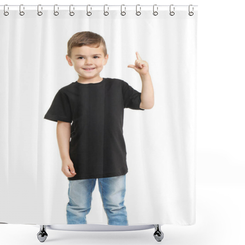 Personality  Little Boy In T-shirt On White Background. Mockup For Design Shower Curtains