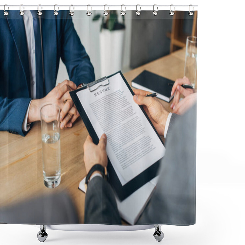 Personality  Cropped View Of Recruiter Holding Clipboard With Resume Near Colleagues And Employee  Shower Curtains