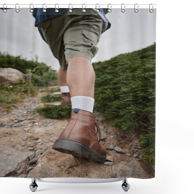 Personality  Tranquil Nature, Cropped View Of Hiker Walking In Brown Boots With White Socks, Adventure, Traveler Shower Curtains