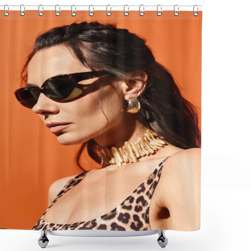 Personality  A Stylish Woman With Sunglasses Poses In A Leopard Print Top Against An Orange Studio Background, Exuding Summertime Fashion Vibes. Shower Curtains