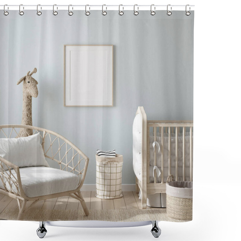 Personality  Mock Up Frame In Boy Nursery With Natural Wooden Furniture, 3D Render Shower Curtains