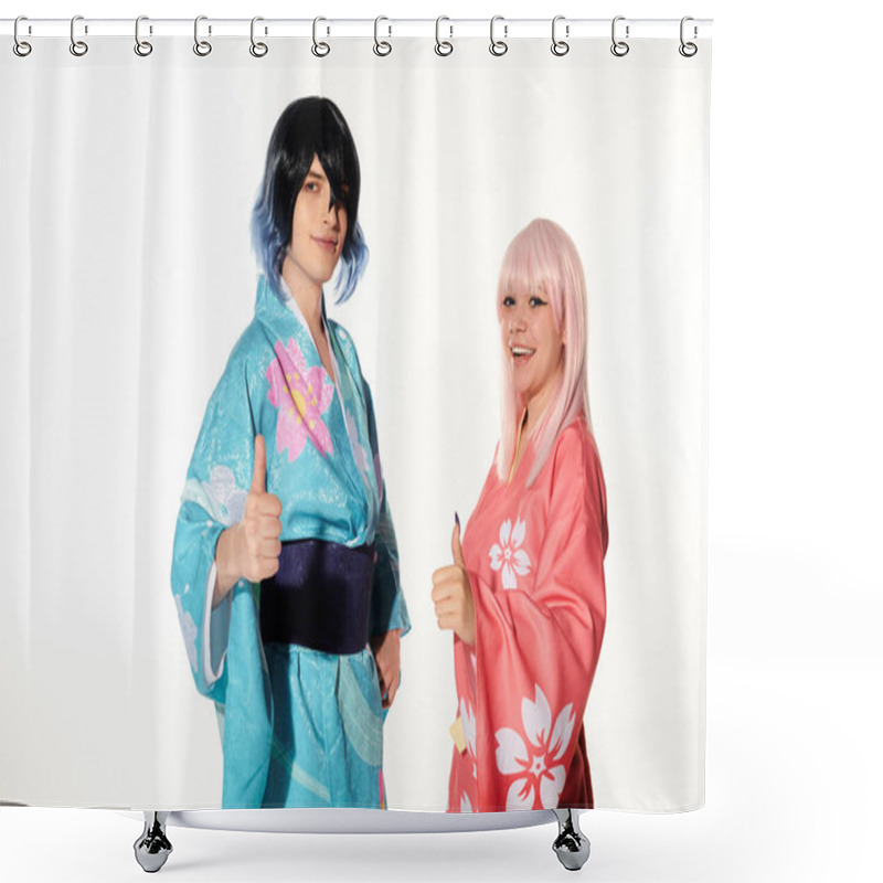 Personality  Anime Couple In Wigs And Kimonos Showing Thumbs Up And Looking At Camera On White, Cosplay Trend Shower Curtains