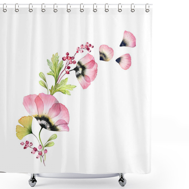 Personality  Watercolor Floral Banner. Big Pink Tulip Flower With Ginkgo Leaves And Berries. Hand Painted Artwork With X-ray Flower. Botanical Illustration For Cards, Wedding Design Shower Curtains