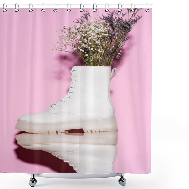 Personality  White Boots With Wildflowers On Pink Background Shower Curtains