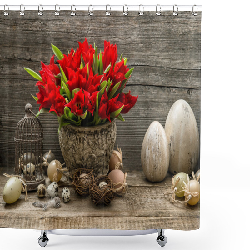 Personality  Easter Eggs And Red Tulips Shower Curtains