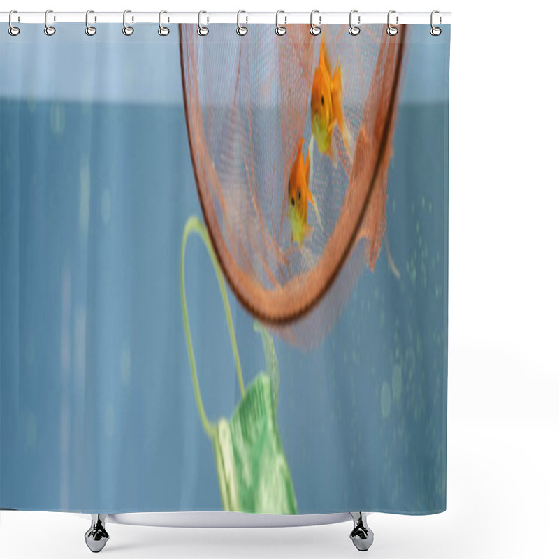 Personality  Goldfishes In Net Near Medical Mask In Water, Ecology Concept, Banner Shower Curtains