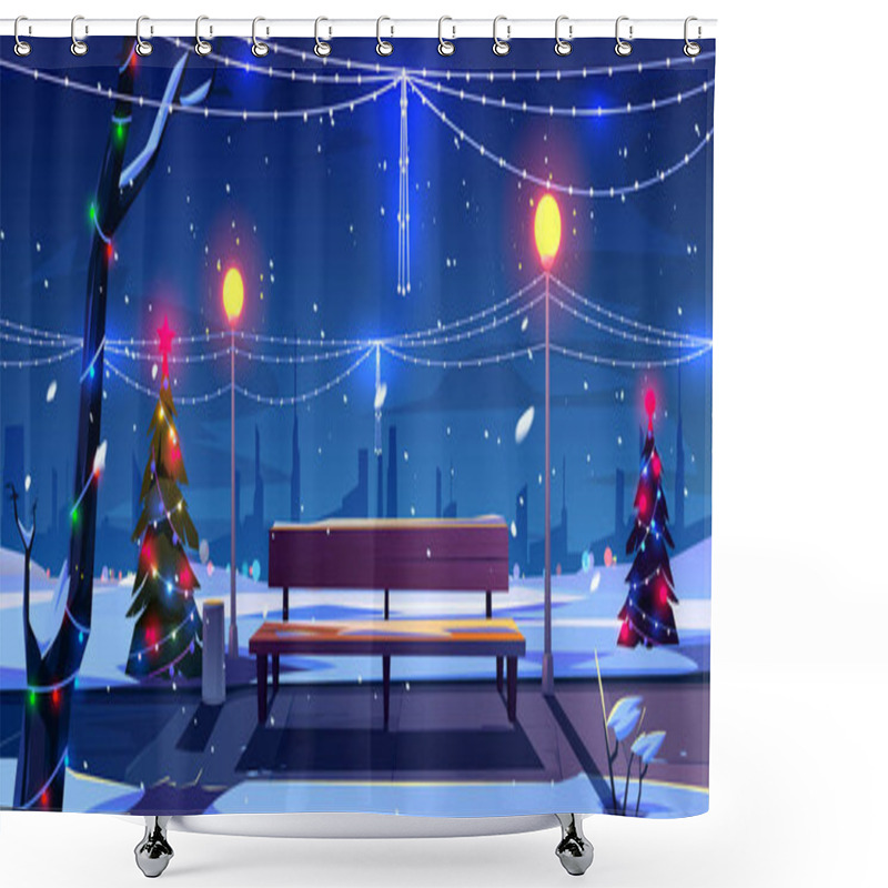 Personality  Christmas In Night Park, Empty Public Garden View Shower Curtains