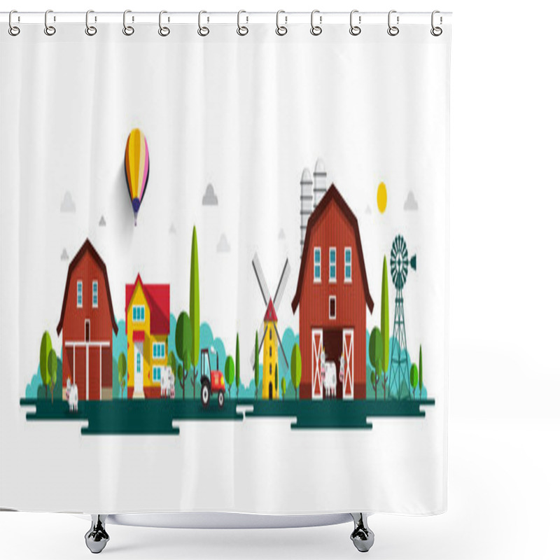 Personality  Rural Vector Landscape Panorama With Barn, Houses, Windmills And Tractor Shower Curtains