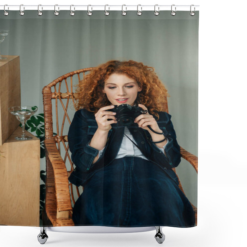 Personality  Beautiful Stylish Redhead Woman In Wicker Chair Taking Photo With Film Camera On Grey Shower Curtains