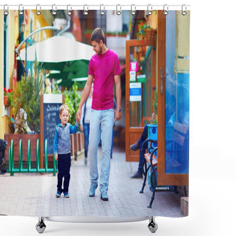 Personality  Father And Baby Boy Walking The City Street Shower Curtains