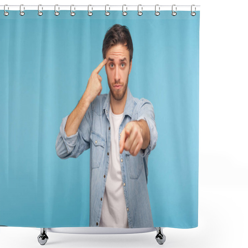 Personality  You Are Idiot! Portrait Of Man In Denim Shirt Showing Stupid Gesture And Pointing To Camera, Blaming For Insane Plan, Crazy Idea, Dumb Suggestion. Indoor Studio Shot Isolated On Blue Background Shower Curtains