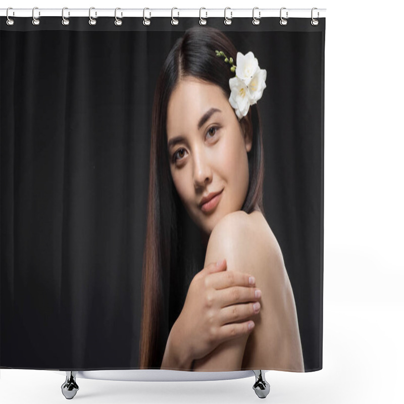 Personality  Portrait Of Beautiful Young Asian Woman With White Flowers In Hair Looking At Camera Isolated On Black Shower Curtains