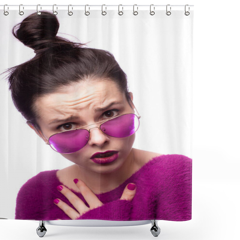 Personality  Girl In A Purple Sweater, Purple Glasses With Purple Lipstick On Her Lips Shower Curtains