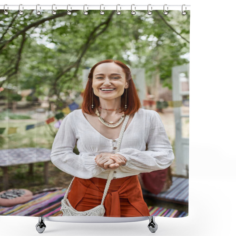 Personality  Portrait Of Excited Redhead Woman In Boho Outfit Looking At Camera Outdoors In Retreat Center Shower Curtains