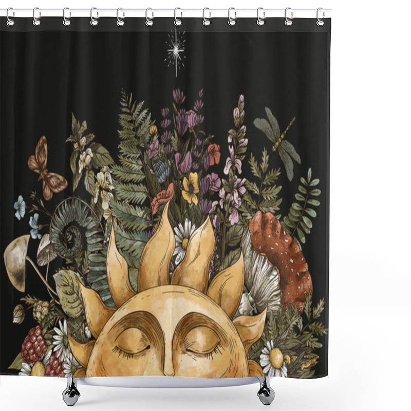 Personality  Vintage Sun Illustration With Woodland Treasures, Amanita Mushroom, Fern, Forest Plants Baner. Botanical Illustration Isolated On Black Background. Shower Curtains