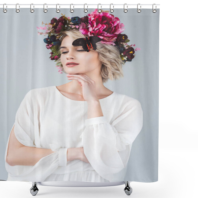 Personality  Tender Woman Posing In Floral Wreath With Butterfly, Isolated On Grey Shower Curtains