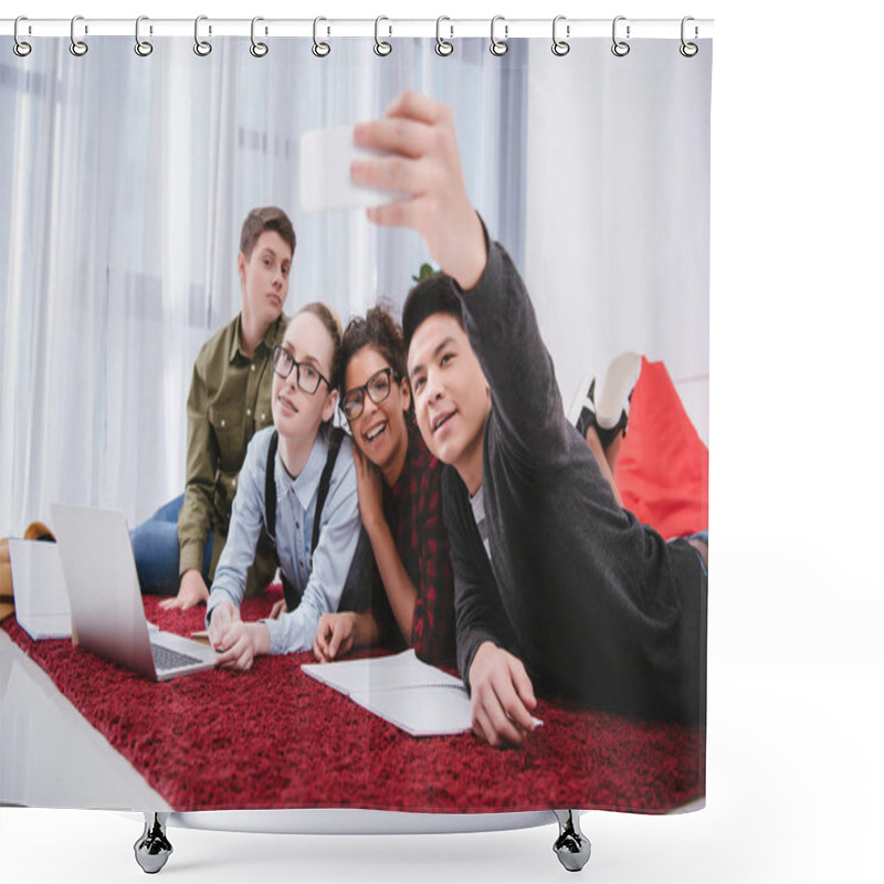 Personality  Young Teen Students Lying On Carpet And Taking Selfie Shower Curtains