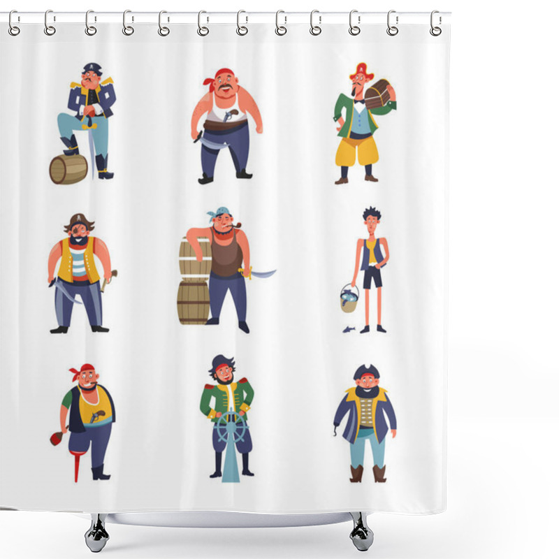 Personality  Pirates Cartoon Characters Of Captains With Ship Helm Or Sailor Filibuster With Gold Money Chest, Frigate Cabin Boy And Old Man With Wooden Crutch Leg Shower Curtains