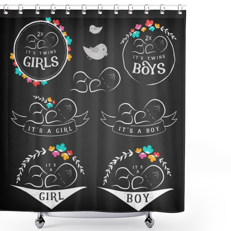 Personality  Vintage Baby Girl, Boy And Twins Badge Set On Chalkboard. Design Elements For Greeting And Baby Shower Invitation Cards. Shower Curtains