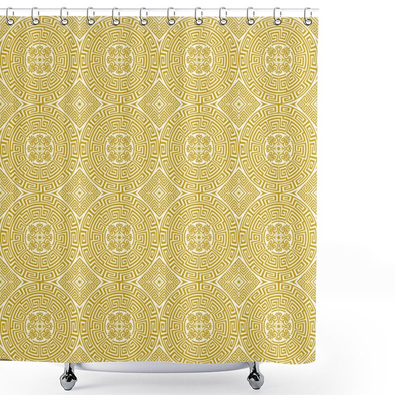 Personality  Vector Seamless Background In Traditional Greek Ethnic Style. Geometric Line Art Ornament In Gold And White. Design Template For Invitations, Cards, Menu, Wallpaper. For Printing On Textiles, Bedding Shower Curtains